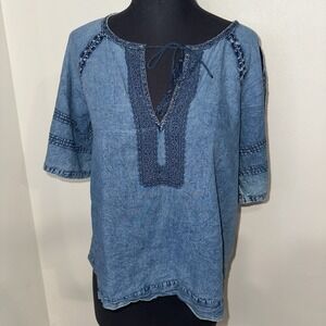 Faherty Denim Boho Peasant Top Tie Neck Short Sleeve Size  M Organic Cotton